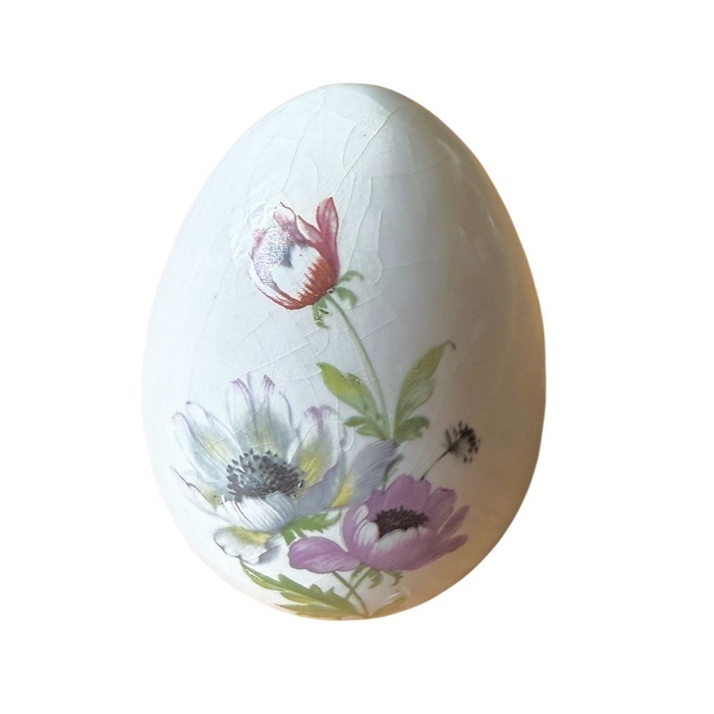 Floral Decorative Egg Ornament White Crackle Glaze 4” Tall Easter Decor ceramic